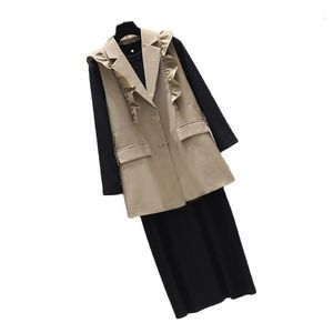 Women's Vests Female Suit Vest Coat Spring Autumn Ruffles Elastic Belt Medium Long Slim Fit Sleeveless Ladies Waistcoat Jacket 230322