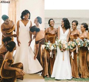 Плюс размер коричневые бархатные платья подружки невесты для африканских девушек Сексуальные от плеча по полу задних горничных платье