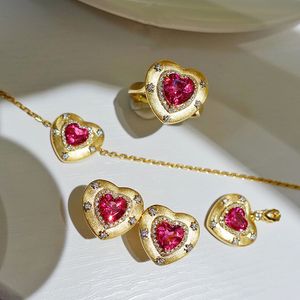 14K Gold Heart Ruby Diamond Jewelry Conjunto 925 Sterling Silver Wedding Bracelet Brincos Brincos para mulheres jóias de noiva