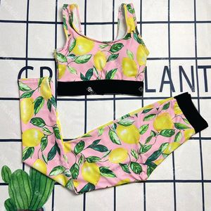 Gym Sportwear Lemon Printed Tracksuits Summer Sleeveless Yoga Outfits High Waist Lady Casual Leggings Sexy Fitness Tanks