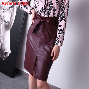Skirts Women's Genuine Leather Skirt Female Autumn/Winter Wine Red/Purple Customer Size Bow Knot Belt Mid-Length Jupe Mujer Saia Midi 230322