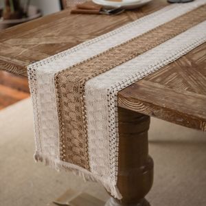 Mesa de linho de linho, algodão costura de algodão Runner Dinning Table Decoração de duas cores Tasel Material natural Material Decoração de casamento Runners 230322