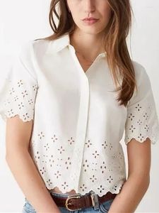 Women's Blouses 2023 Women Hollow Out Embroidery Blouse Ladies Short-Sleeved Chemise Single-Breasted Lace Trim Collar Shirt And Tops