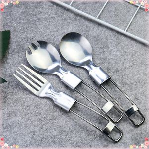 Set di stoviglie pieghevoli in metallo, forchetta, cucchiaio, posate, stoviglie in acciaio inossidabile, per picnic, viaggio, insalata portatile, attrezzatura da campeggio all'aperto