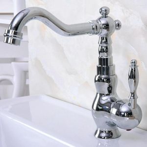 Mutfak muslukları güverte monte edilmiş cilalı krom pirinç döner spout bir delik/sap mutfak/bar banyo lavabo musluk soğuk mikser musluk ANF934