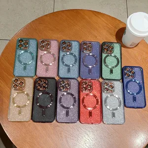 İPhone 14 için bling parıltılı manyetik telefon kılıfı Pro Max 13 12 11 CD Metalik Kağıt Sparkle Yumuşak TPU İnce Delik Kamera Lens Koruyucu Cilt