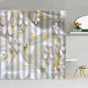 Tende da doccia Perla Diamante Fiore Tenda da doccia Farfalla Gioielli Lusso Bagno Decor Schermo da bagno Donne Tessuto impermeabile Ganci Tende 230322