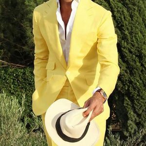 Men's Suits Blazers Men Suit Yellow Linen Beach Slim Fit 2 Piece Wedding Groom Tuxedo with Peaked Lapel Male Fashion Costume Blazer with Pants 230322