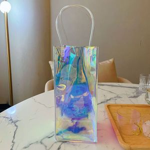 Raffreddatori di ghiaccio Borsa per congelatore per bottiglia di vino in PVC laser Borsa termica per refrigeratore di birra Borsa per ghiaccio a tenuta Borsa trasparente per bottiglia di vino rosso champagne Borsa per ghiaccio