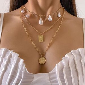 Colares pendentes elegantes colar de moedas de figura de pérola barroca para mulheres vintage multicamada geométrica Clavicle Jewelry Gift