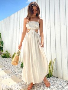 Sukienki imprezowe Foridol Spaghetti Pasek Talia Hollow Out Beige Summer Maxi Long Eleganckie Backless Sundress Casual Women 2023 Y2303