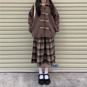 Saias Houzhou Inverno vintage plissada saia xadrez midi mulheres japonesas kawaii com cintura alta lã lã marrom longa shairs da escola meninas 230322