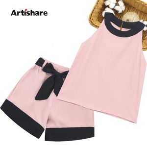 Clothing Sets Kids Summer Clothes Girls Patchwork Set Vest Short 2PCS Outfits For Casual Style Big Bow 230322