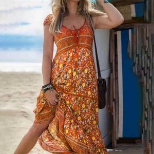 Casual Dresses Retro Floral Print Women Bohemian Dress Elegant V-Neck Tie-up Beach Dresses Casual Lady Summer STEVELESS HOLÅD ut lång klänning G230322