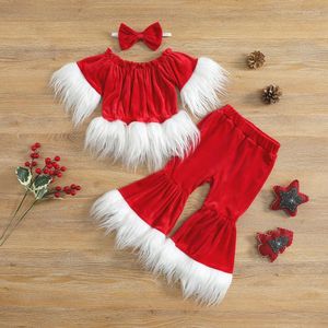 Clothing Sets Little Girls 3PCS Pants Suit Fall Winter Clothes White Fluffy Trims Short Sleeve Ruffle Off-Shoulder Pullovers Flared Bow