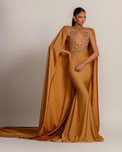 Gold Mermaid Prom -klänningar med wrap pärlspetsar Appliced ​​2023 High Neck Evening Dress Party Second Reception klänningar plus storlek