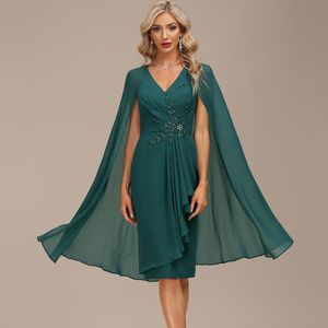 Turquoise Knee Length Mother Of The Bride Dresses With Cape Cascading Ruffles Short Gown For Wedding Party 326 326