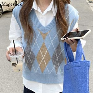 Kvinnors västar Autumn Winter Vintage Plaid stickad tröja Fashion Argyle tröja Vest Women Pullover Preppy Style Loose Knit Vest Tops 16837 230322