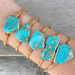 Bangle BM14727 Aqua Blue Ocean Jasper Turquoise Stone Boho smycken Rå mässingsgåva