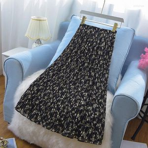 Skirts Floral Print Pleated Skirt Women Elastic High Waist A-Line Summer 2023 Elegant Chiffon
