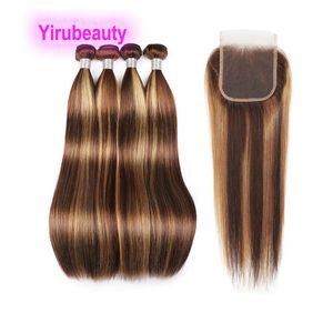 Yirubeauty Malaysian Human Hair Wefts 4 Bundles With 4X4 Lace Closure P4/27 Piano Color Body Wave Straight 5 PCS