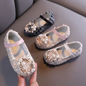 Sneakers Kids Girls Pearl Crystal Princess Shoes Wedding Dress Non Slip PU Leather Flat Dance for Children 230322