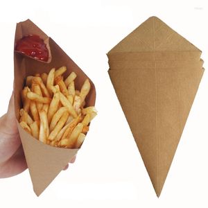 Servis uppsättningar Kraft Paper Box Fries Cone Shape Bag Disponable Creative French Waterproof Anti-Oil Grad Package