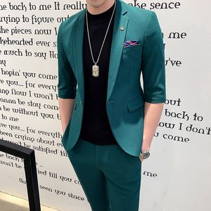 Herrdräkter blazrar jacktpant män kostymer halv ärm vår sommar smal brittisk kort ärm blazer kappa trend manlig designer smoking 2 st 230322