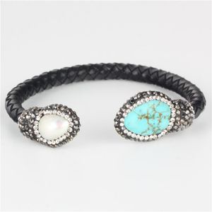 Bangle Luxury Black Leather Pave Natural Pearl Semi Precioso Pedra End Tail Charms de Bead