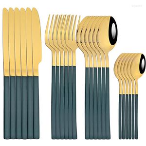 Set di stoviglie 24 pezzi Set di stoviglie in oro verde Argenteria Forchetta Cucchiaio Coltello Posate in acciaio inossidabile Lavabile in lavastoviglie