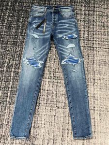 Men's Jeans Men Blue Pu Patches Distressed Skinny Jeanmen's