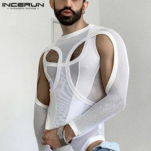 Herren-Nachtwäsche INCERUN Männer Bodysuits Mesh Patchwork Durchsichtige Pyjamas O-Ausschnitt Langarm Strampler Unterwäsche Skinny Sexy Bodysuit S-5XL 230322