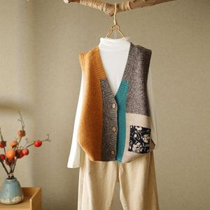 Kvinnors västar Autumn Women Paneled Vintage Sweaters Vest Button Cardigans Sticked Fashion Sleeveless V-Neck Loose Casual Sweater Coats 230322