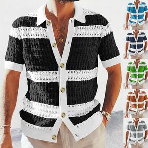 Men's Casual Shirts Mens Spring Summer Loose Short Sleeve Buttoned Lapel Knited Cardigans Vintage Striped Shirt