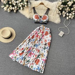 Two Piece Dress Spring And Summer European American Beach Vacation Printing Pleated Skirt Lace Stitching Short Suspender Top 2-piece SetTwo