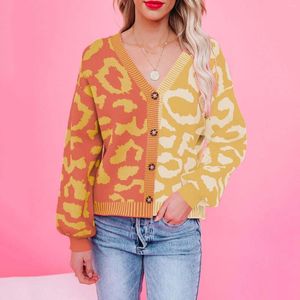 Kvinnors tröjor Kvinnor Cardigan ColorBlock Leopard Print Lång ärmknapp ner Casual Loose Knit Sweater Jacket
