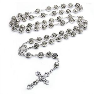 Pendant Necklaces QIGO 10mm Vintage Cross Plastic Rose Rosary Necklace Catholic Prayer Jewelry Gifts