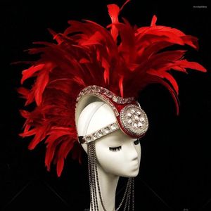 Stage Wear Exaggerated Red Feather Cockscomb Headdress Performance Accessories Rhinestones Headgear Male Women Dancer Show Ornament