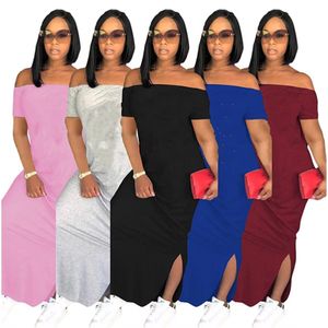 2024 NEW Designer Maxi Dresses Plus size 3XL Summer Women Slash Neck Dress Ladies Short Sleeve Bodycon Dress Sexy Holidays Beach Wear Bulk Wholesale Clothes 5121-1