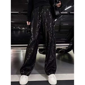 Women's Pants High Waist Wide Leg Palazzo Lounge Female Elastic Bling Sequin Bottoms Bar Dancing Trousers 230322