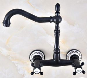 Kitchen Faucets Black Oil Rubbed Bronze Brass Two Cross Handles Wall Mount Swivel Spout & Bathroom Basin Sink Faucet Mixer Tap Anf462