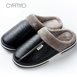 Slippers Men's Slippers Home Winter Indoor Warm Shoes Thick Bottom Plush Waterproof Leather House Slippers Man Cotton Shoes 230323