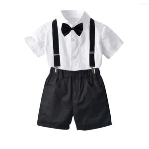 Kläder sätter Summer Boy Pure White Short-ärmad Bow Tie Shirt Black Suspender Shorts Children's Baby Suit KF1105