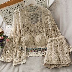 Women's Two Piece Pants OUMEA Women Cotton Crochet Cardigans Halter Retro Bead Fringe Backless Crop Top Floral Embroidery Shorts Beach Sexy Sets 230322