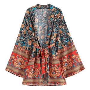 Mulheres Swimwear Vintage Mulheres Boho Cover Ups Oversize Bohemian Rayon Algodão Kimono Sashes Hippie Blusas Boho Chic Étnico Tops 230323