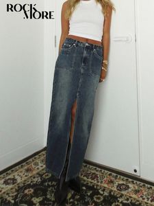 Kjolar rockmore streetwear rak lång kjol y2k vintage casual grundläggande hög höjning split denim midi för kvinnor koreanska grunge 2023 230322