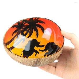 Bowls Natural Vietnamese Coconut Coir Wood Bowl Handmade Graffiti Painting Palm Elephant Animal Tableware Salad Breakfast