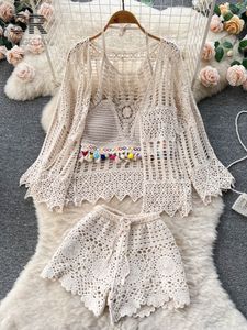 Women s Two Piece Pants SINGREINY Hook Beach Style Three Set Hollow Out Cardigan Halter Camisole Wide Leg Shorts Vacation Knitted Suits 230322