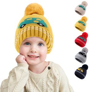 Småbarn Kids Winter Warm Beanie Cartoon Car Hatts For Boys and Girls Crochet Hairball Knit Cap Present T38