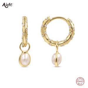 Charm Aide 925 Sterling Silver Sparkling Zircons Pave Setting Circle Drop Earrings For Women Imitation Pearl Charm Dangle örhängen Z0323